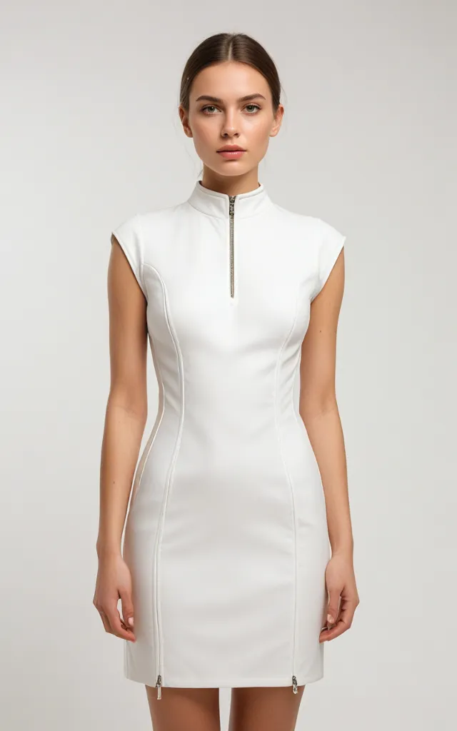 A European female model wearing a dress with a Zip   collar, white background, bust portrait